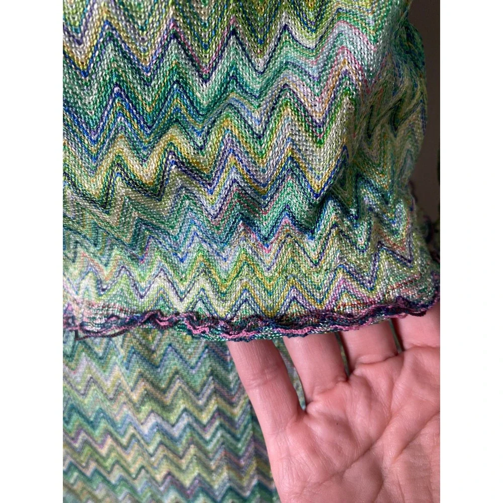 Vintage 70s Handmade Green Chevron Zigzag Knit Dress and Jacket Set Metallic